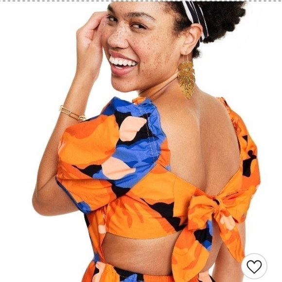 TABITHA Brown Target Puff Sleeve Tie Back Floral Midi Dress Blue Orange NWT - Picture 3 of 10